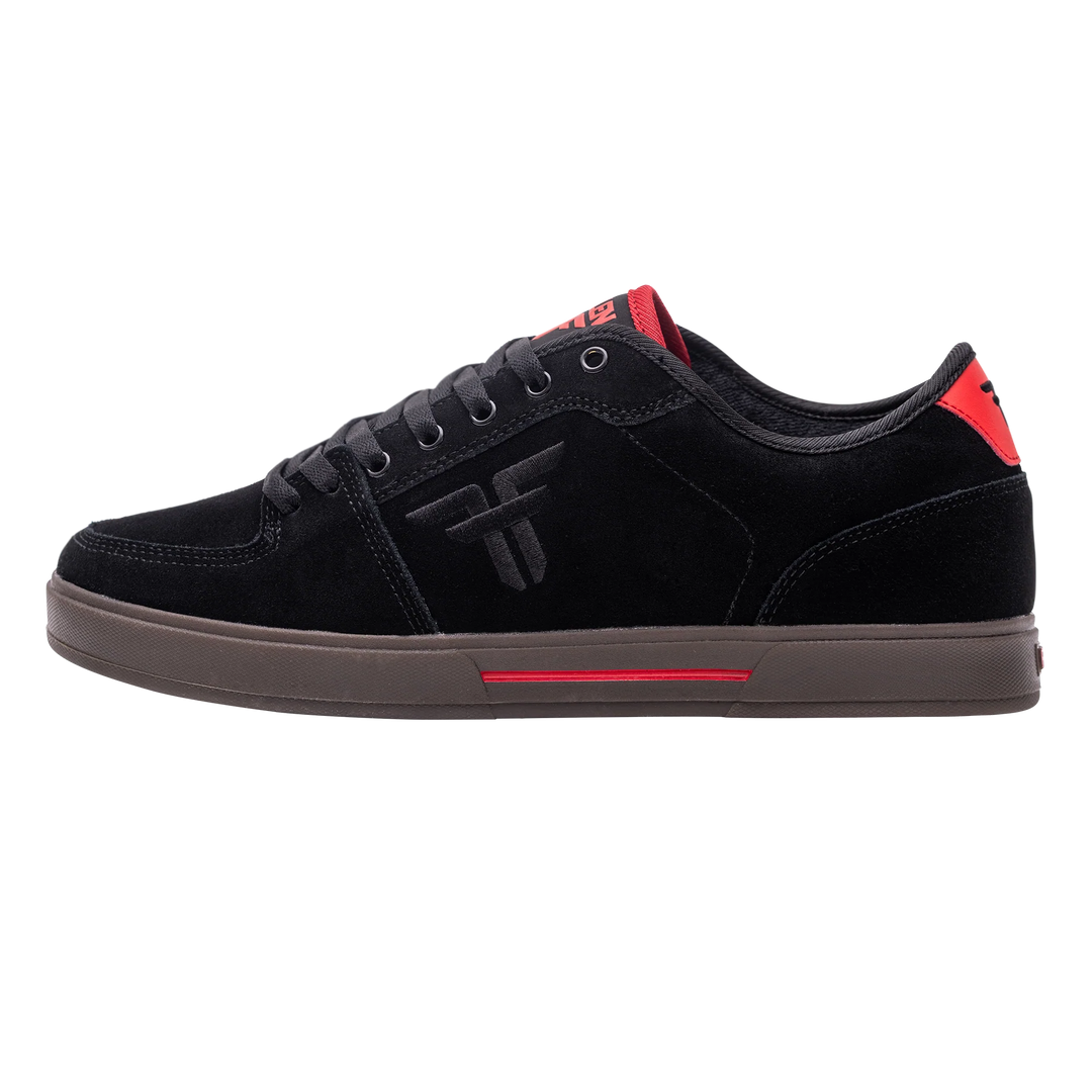 Black gum red Fallen Patriot XP skate shoes with durable cupsole and suede upper.