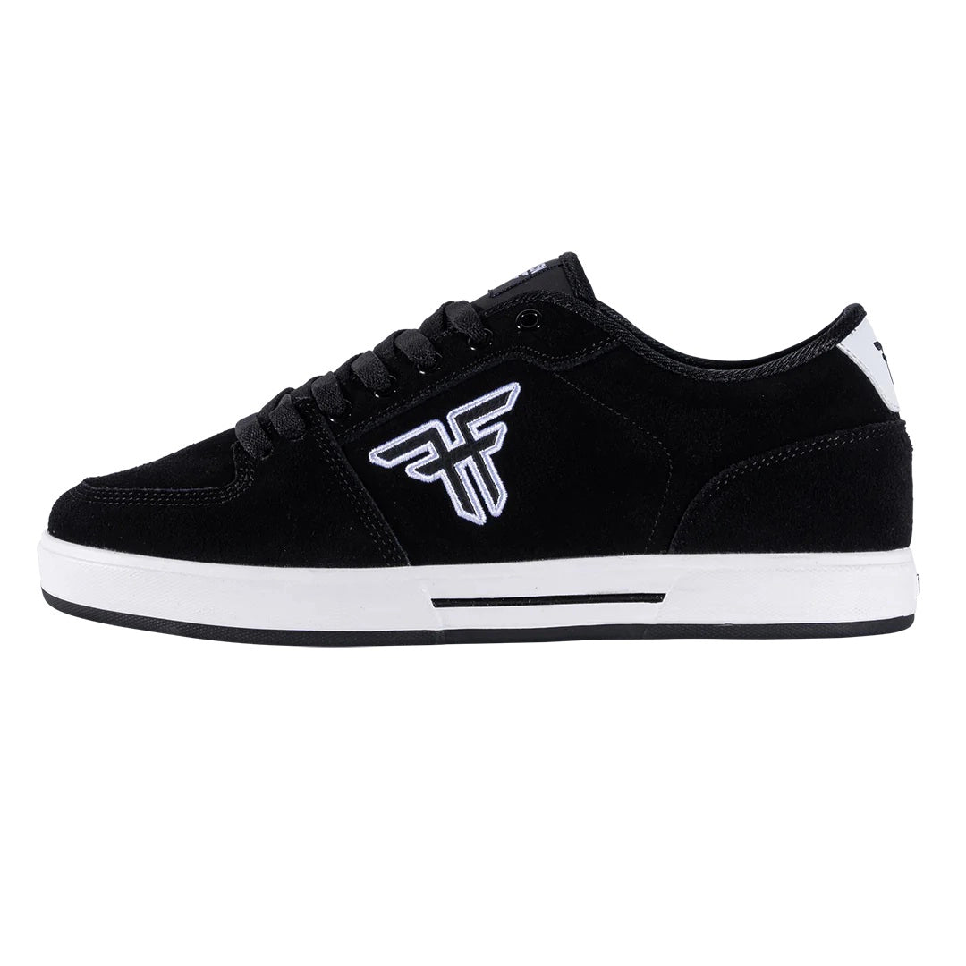 Black and white Fallen Patriot XP skate shoes with durable cupsole design.