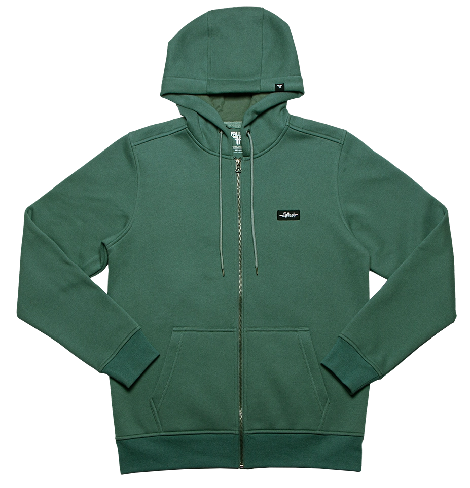 Fallen Tradition Zip Hoodie in Olive with front logo detail.