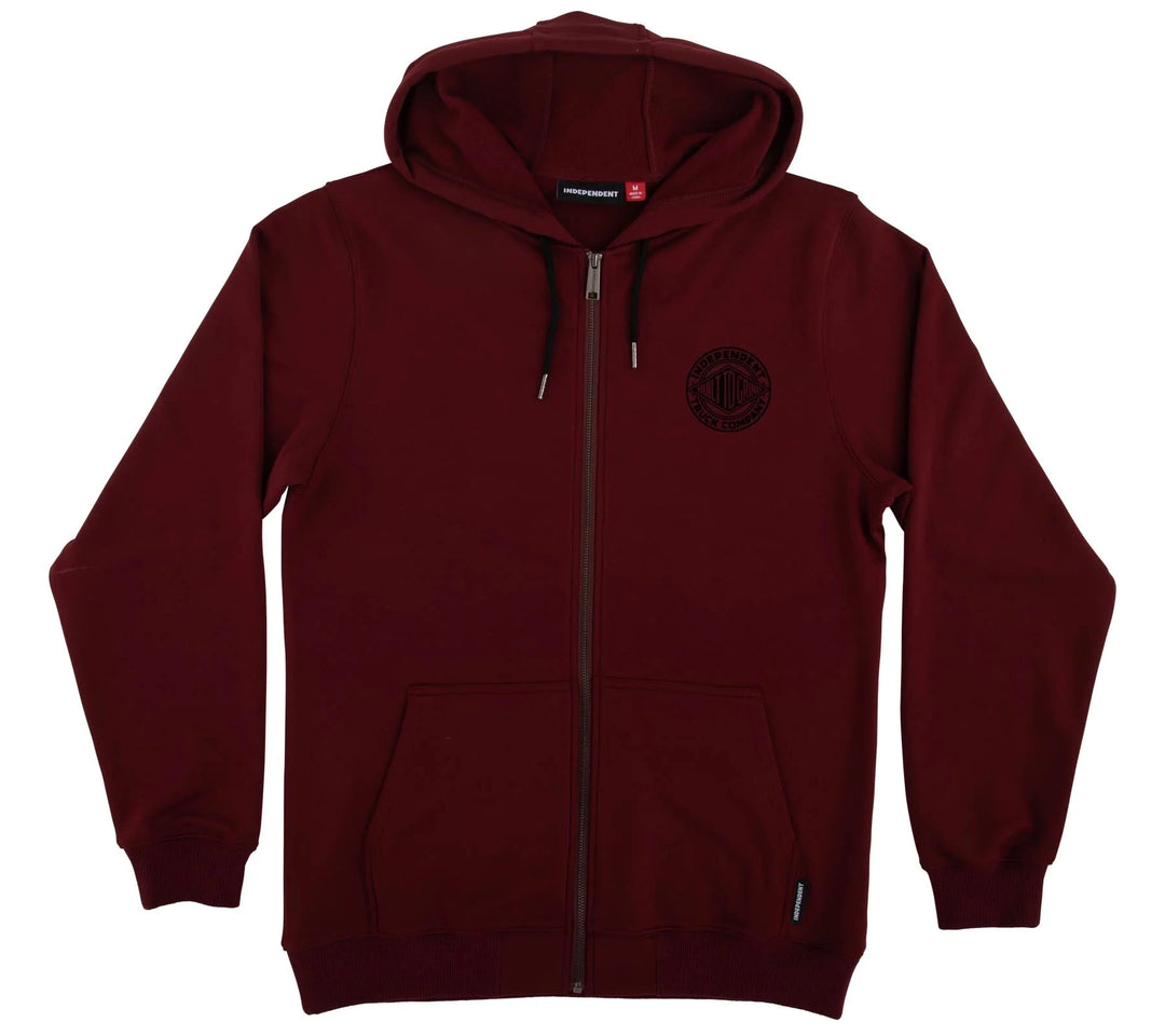 Burgundy Independent Clipper zip hoodie with regular fit, kangaroo pockets, raised BTG applique, and woven label.