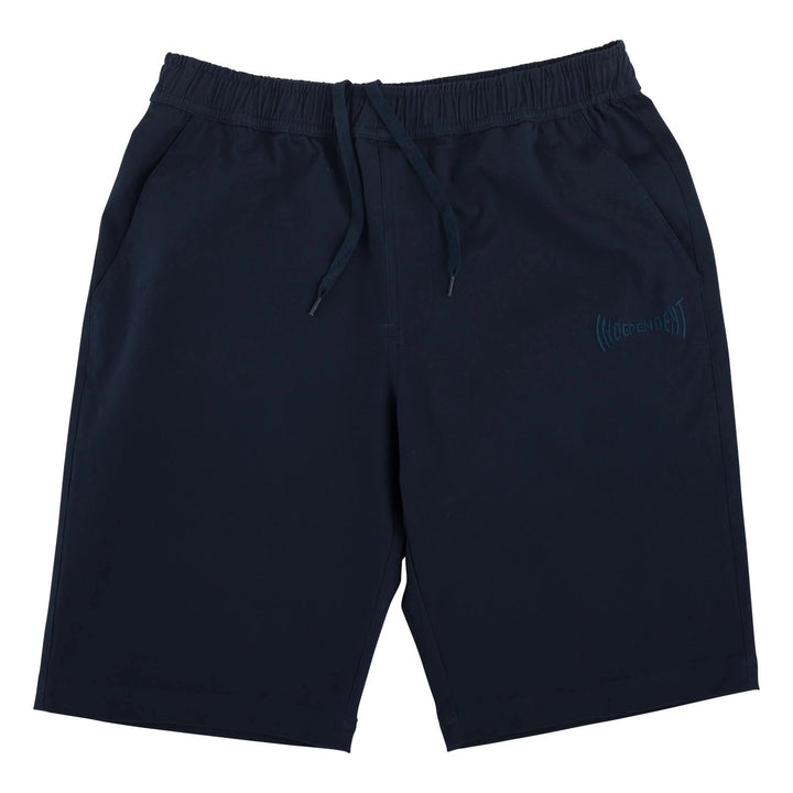 Men's navy Independent Span baggy fit shorts with flat drawcord waistband, slash pockets, embroidered logo, and woven label